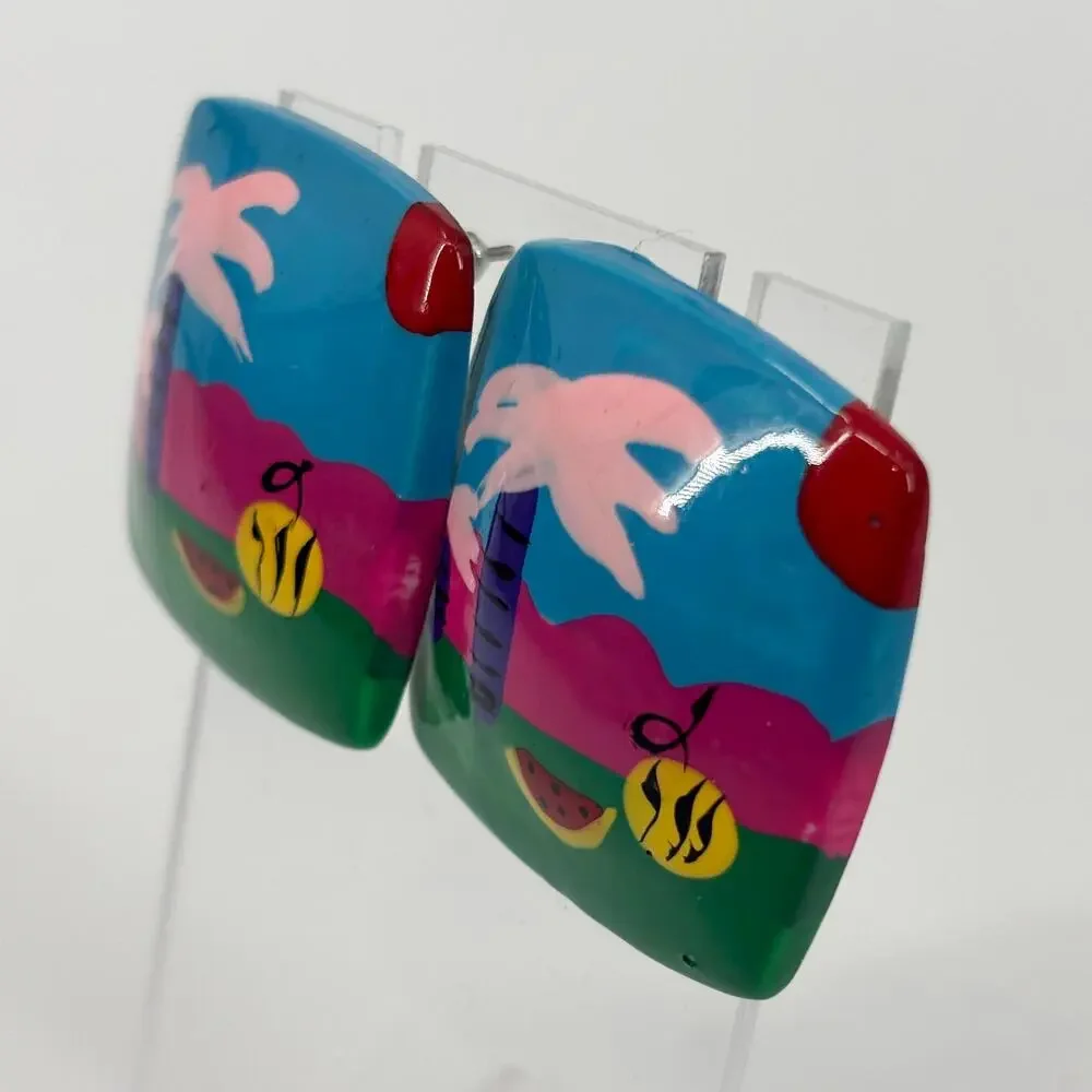 Hand-Painted Square Earrings – Tropical Scene, Pink Palm‎ Trees, Folk Art Style